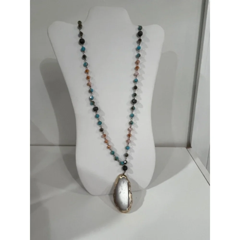 Beaded Necklace Agate‎ Slice Pendant Boho Chic Statement Jewelry